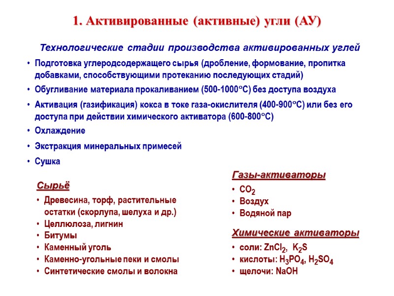 1. Активированные (активные) угли (АУ)      Технологические стадии производства активированных